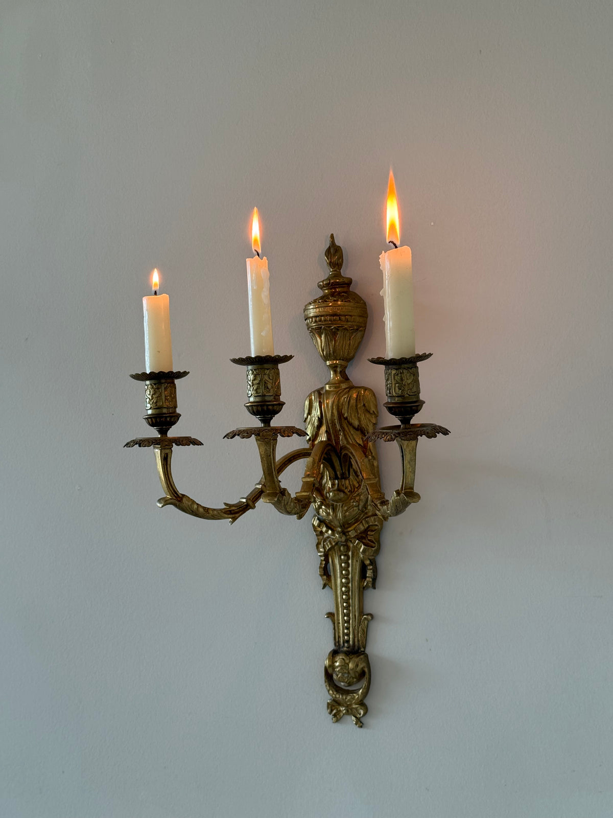 Antique French Solid Brass Three-Arm Wall Sconce, Louis XVI Revival