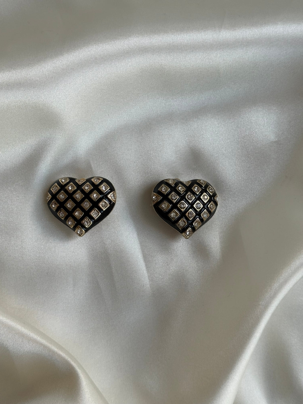 Vintage Black Enamel & Rhinestone Heart Clip-On Earrings