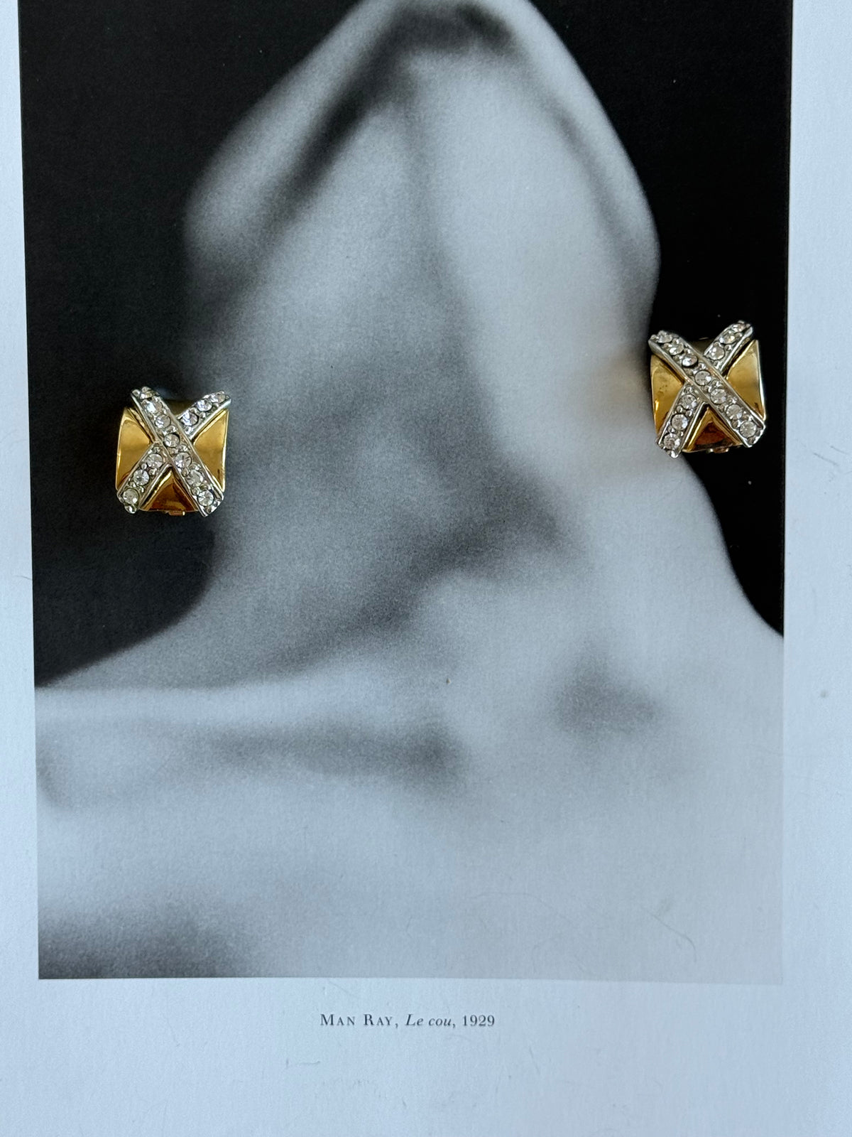 Vintage Two-Tone Rhinestone X Clip-On Earrings