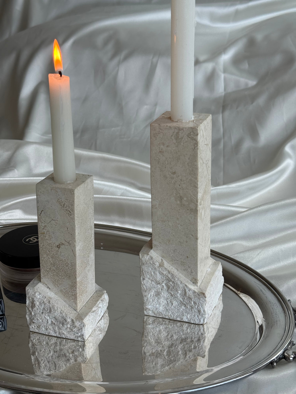Vintage Renoir Designs Sculptural Travertine Candle Holders – Set of 2