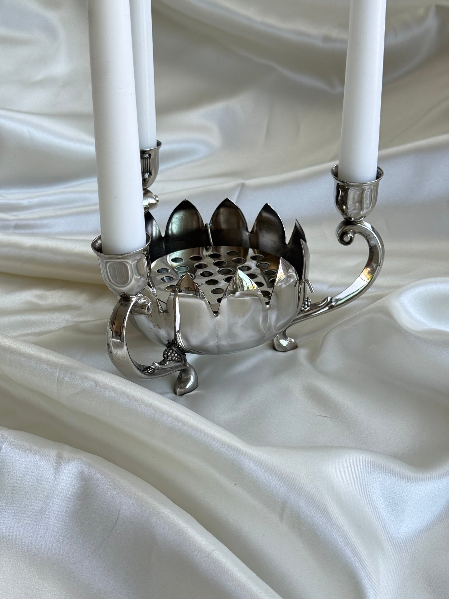 Vintage Silver Plated Floral Frog Candle Holder