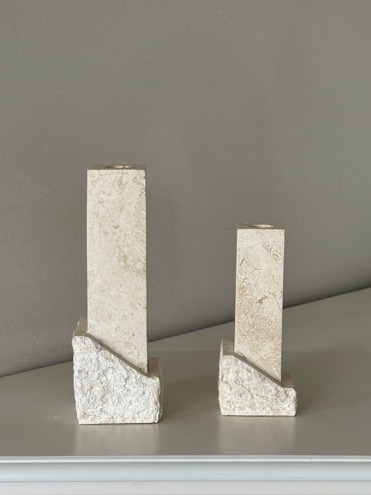 Vintage Renoir Designs Sculptural Travertine Candle Holders – Set of 2