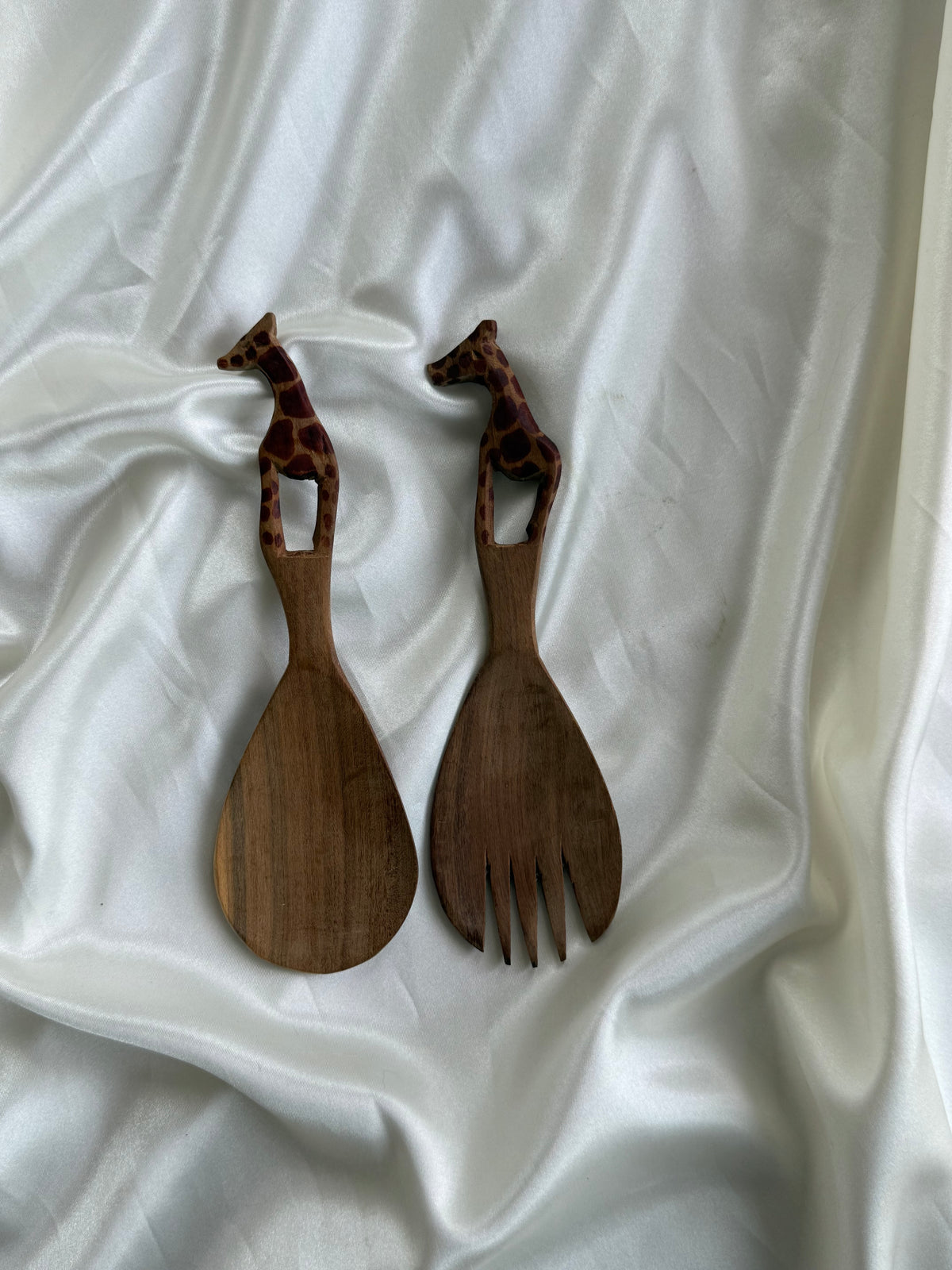 Vintage Hand-Carved Wooden Giraffe Salad Servers – Set of 2