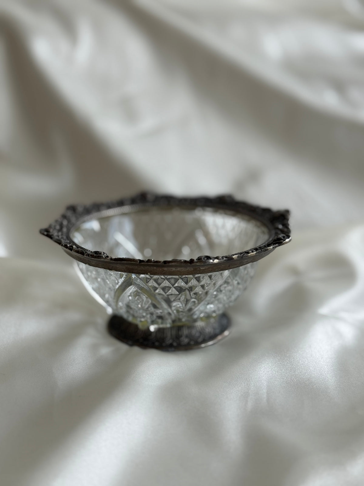 Vintage Pressed Glass Bowl with Ornate Silver-Tone Metal Rim
