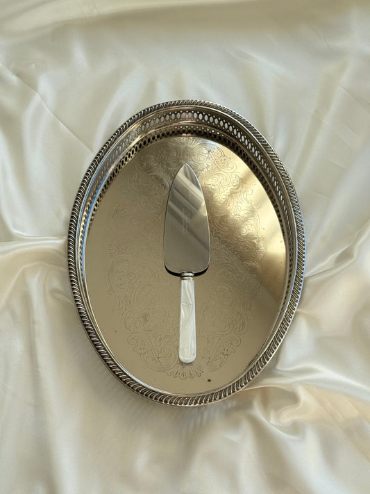 Vintage Silver-Plated Oval Serving Tray with Cake Server
