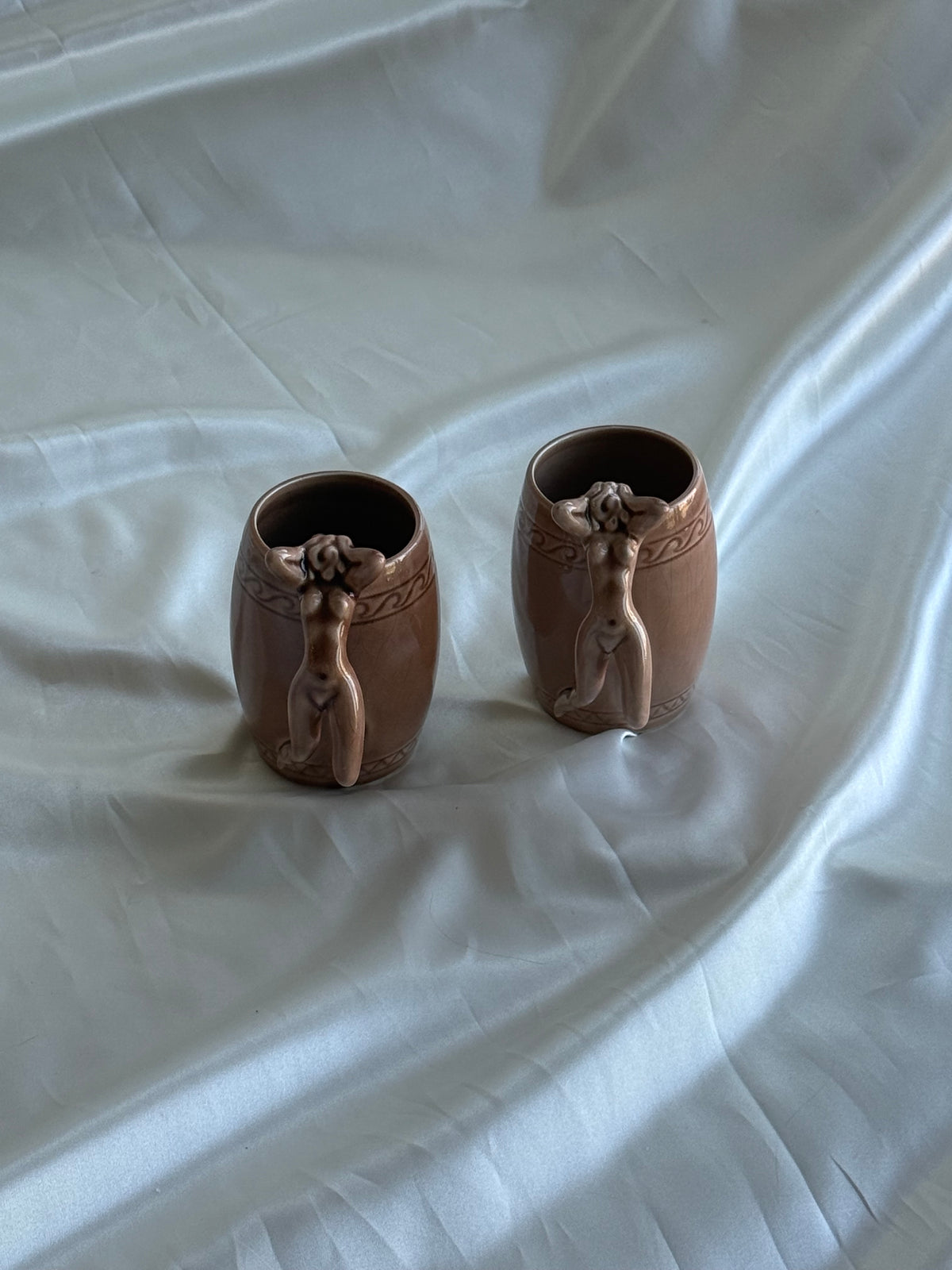 Vintage 1970s Japanese Ceramic Nude Woman Handle Mugs – Set of Two