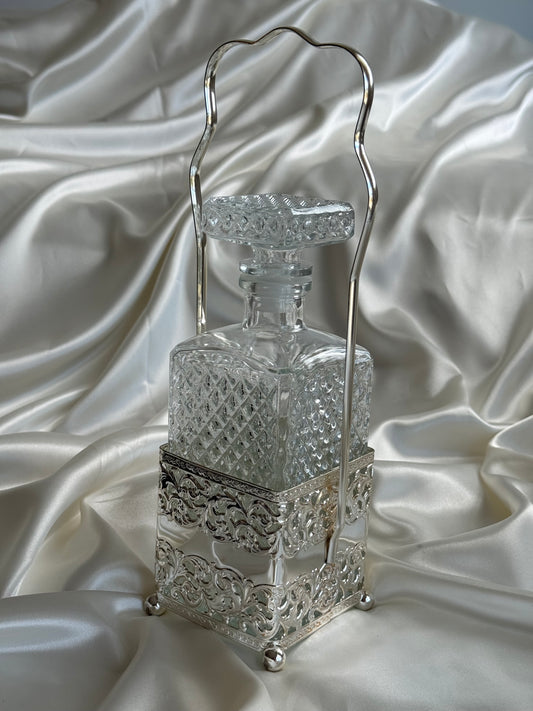 Vintage Italian Pressed Glass Decanter with Silver-Plated Caddy