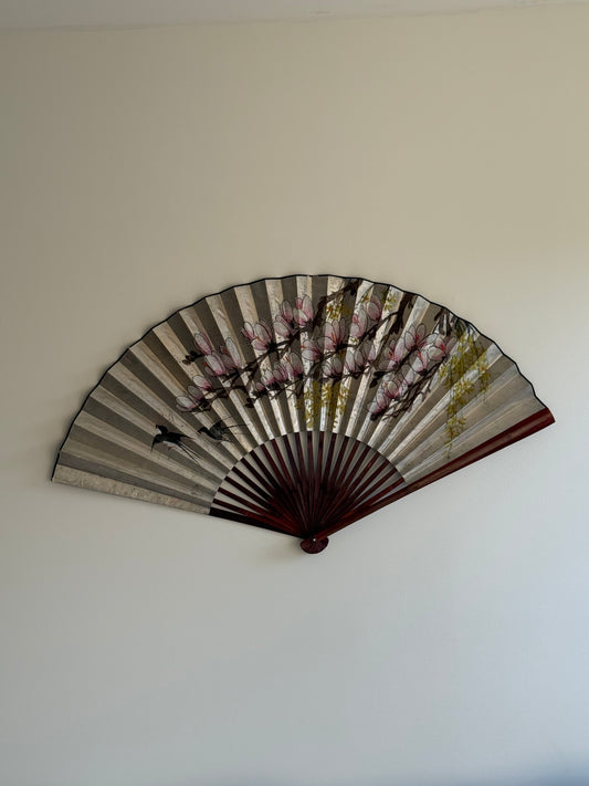 Large Vintage Hand-Painted Chinese Wall Fan – 52 x 28”