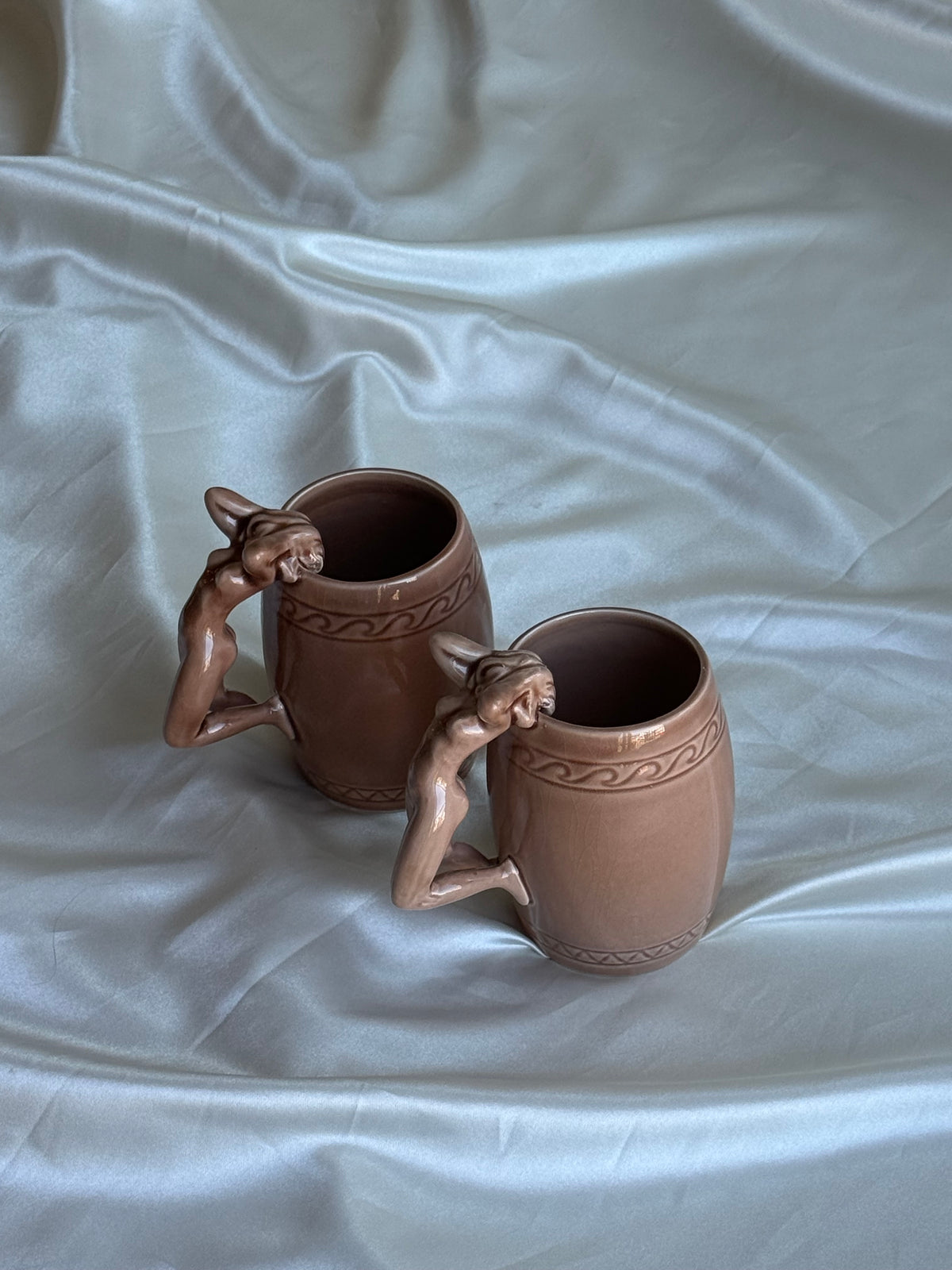 Vintage 1970s Japanese Ceramic Nude Woman Handle Mugs – Set of Two
