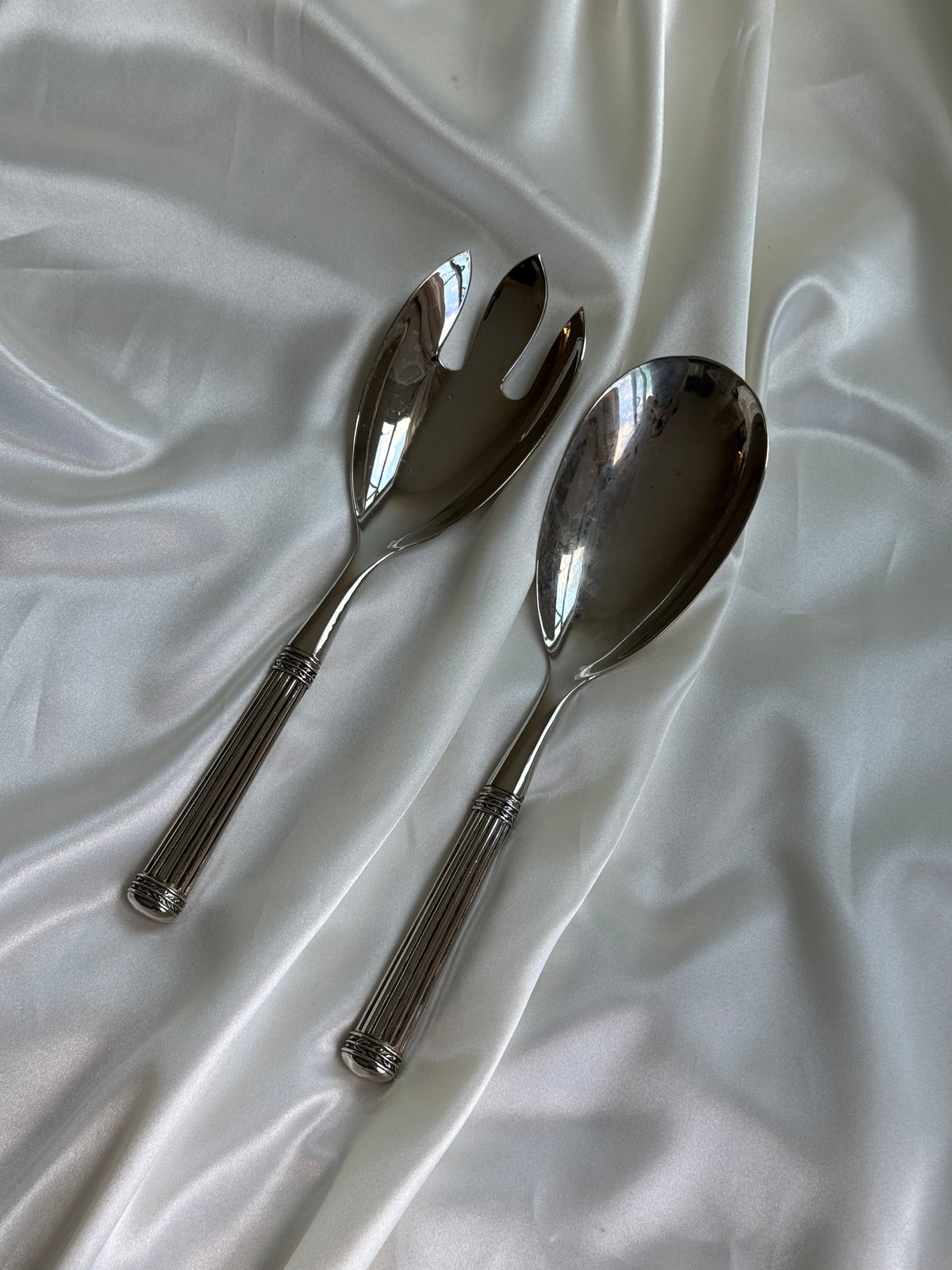 Vintage Silver-Plated Ribbed Handle Salad Serving Set