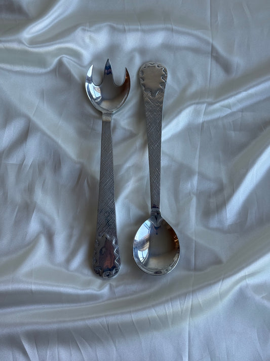 Vintage Pewter Salad Serving Spoon & Fork Set – Textured Handles