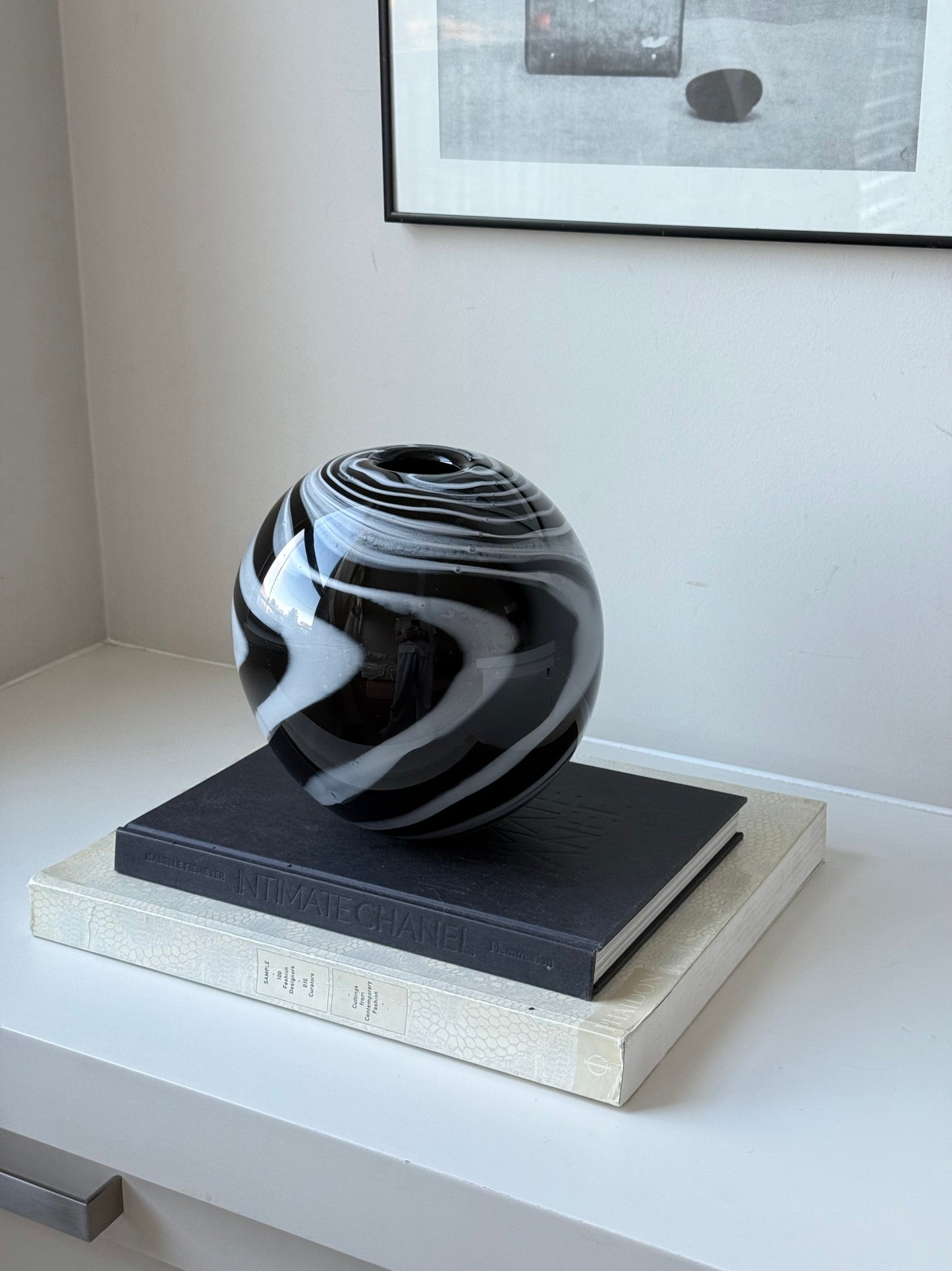 Vintage Hand-Blown Black & White Swirl Glass Vase