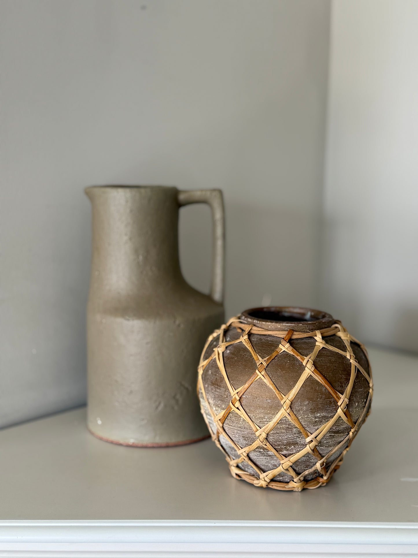 Hand-Woven Rattan Wrapped Terracotta Vase