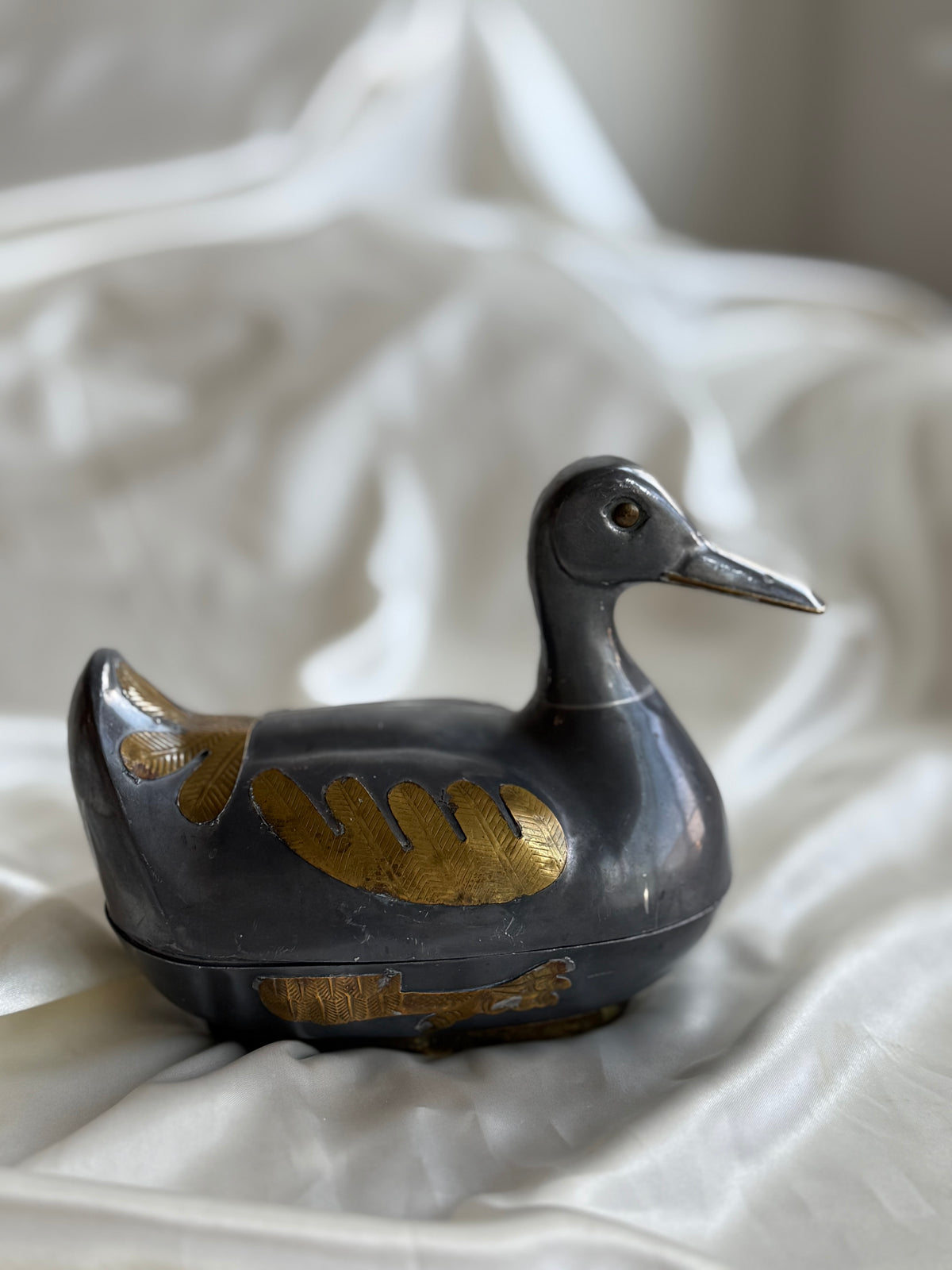 Vintage Pewter and Brass Duck-Shaped Trinket Box
