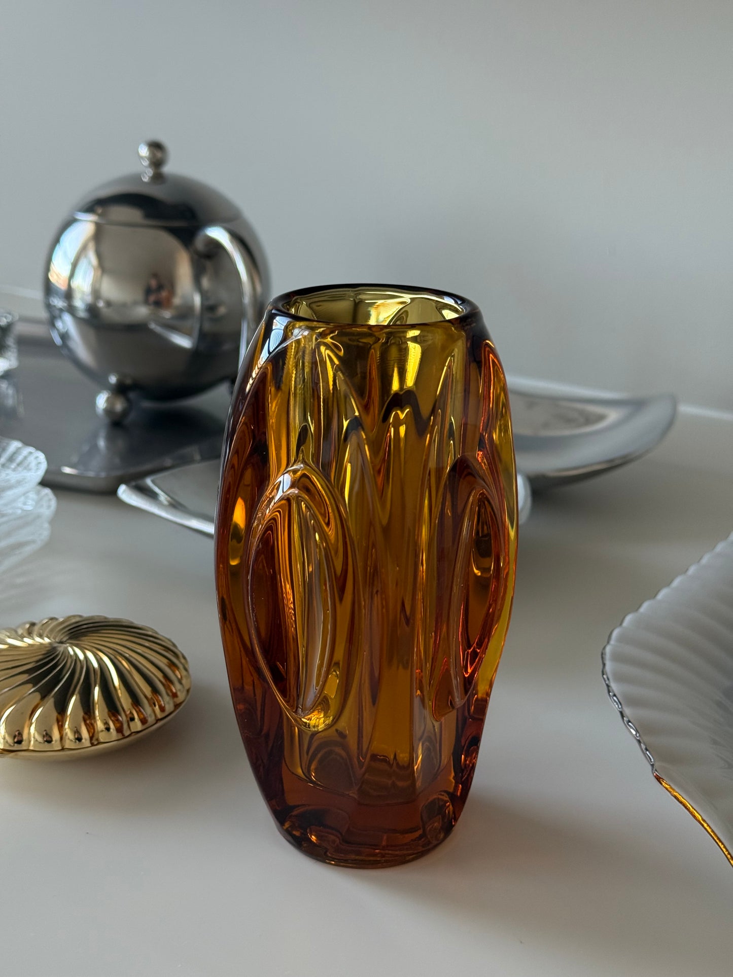 Mid-Century Czech Amber Art Glass Vase Bohemia Hand-Blown