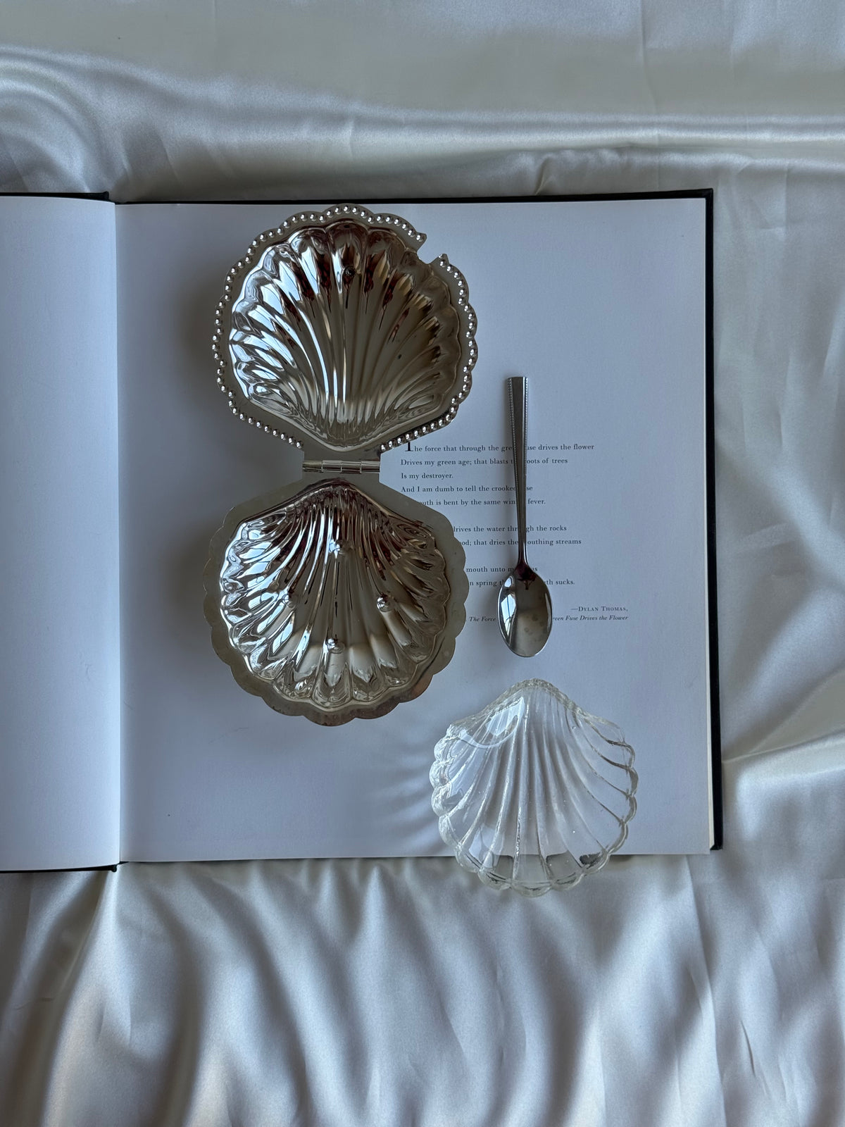 Vintage Silver-Plated Shell Sugar Bowl with Glass Insert & Spoon