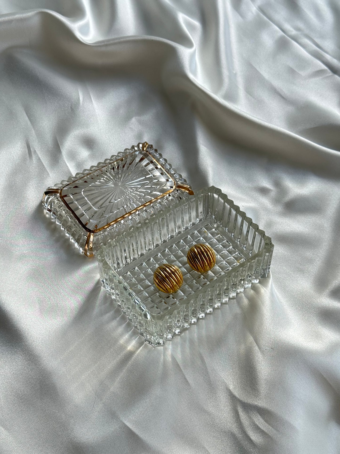 Vintage Pressed Glass Cigarette Box with Gold plated Trim
