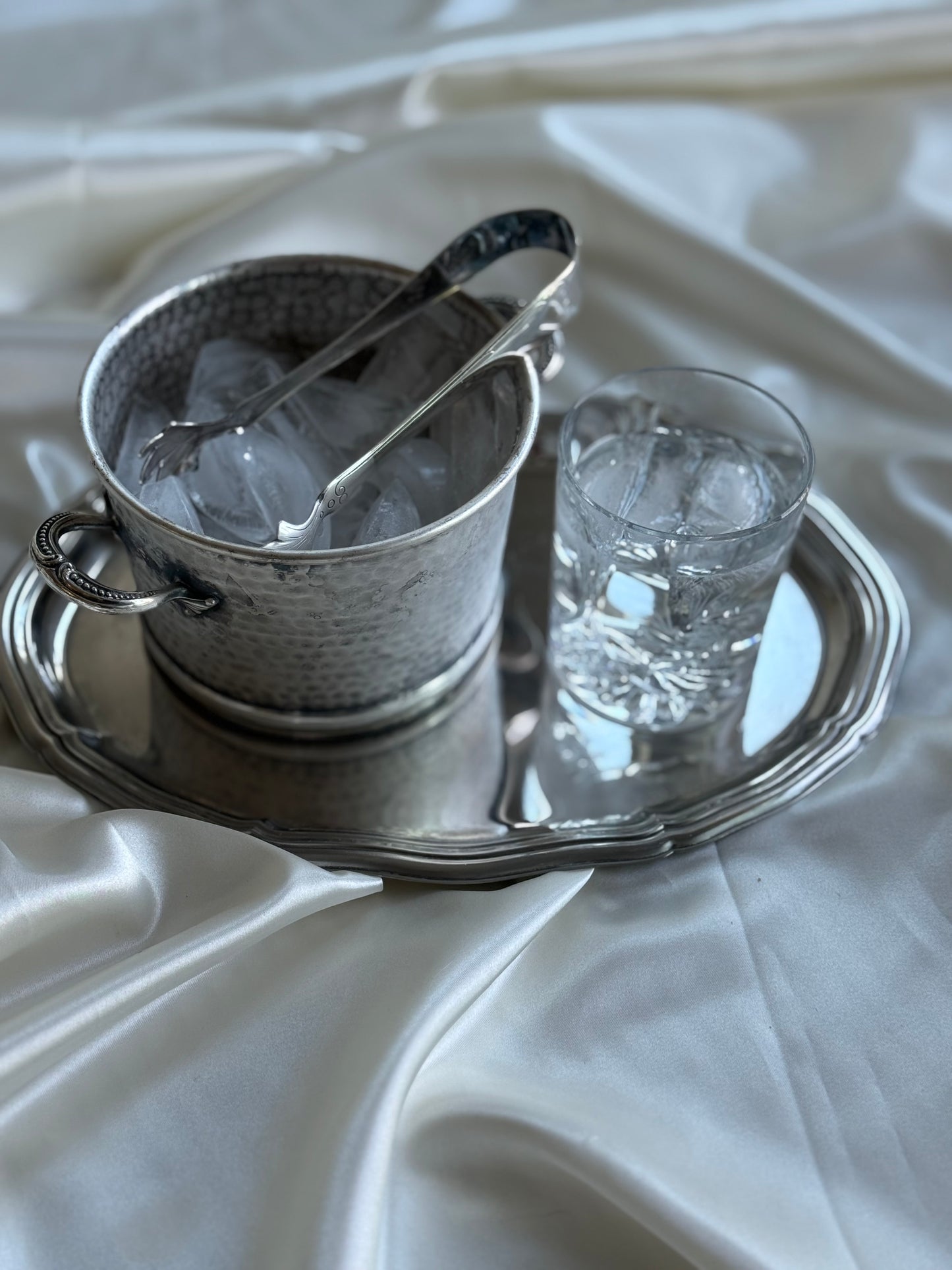 Vintage Primrose Plate Silver-Plated Ice Bucket with Tongs