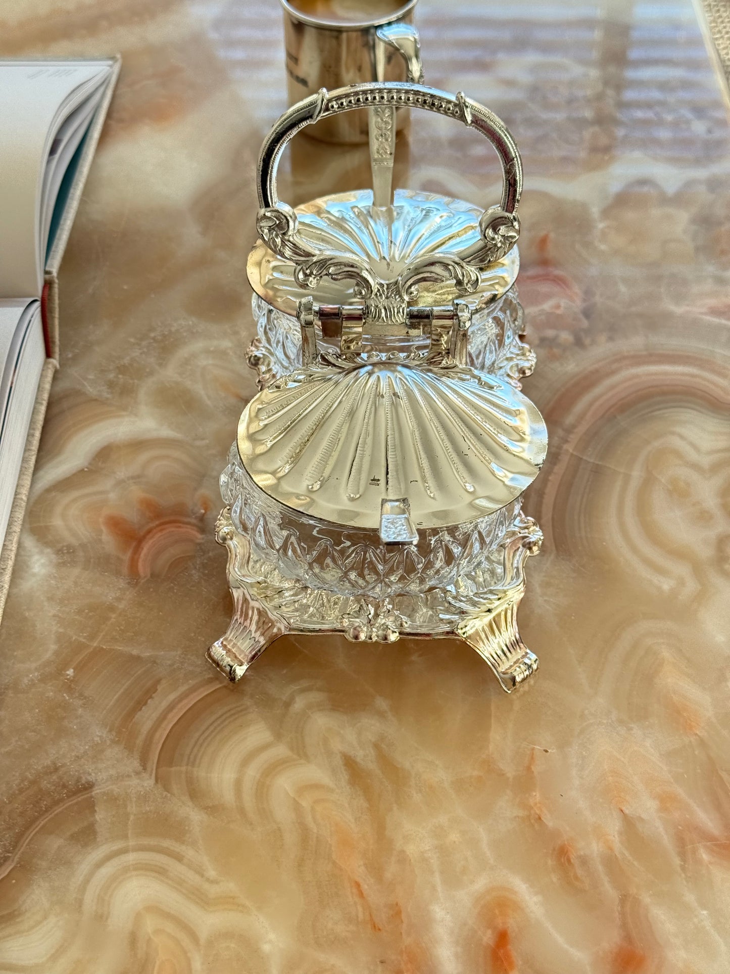 Vintage Silver-Plated Double Condiment Server with Cut Glass Inserts & Original Spoons