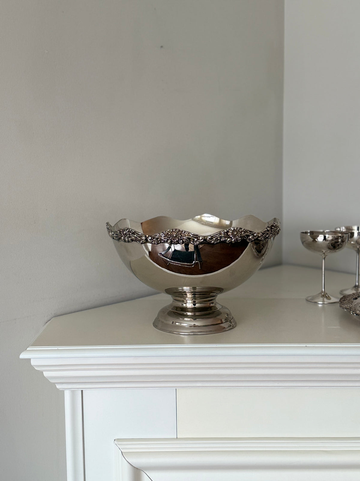 Vintage Silver-Plated Punch Bowl Set with 10 Hanging Cups & Ladle
