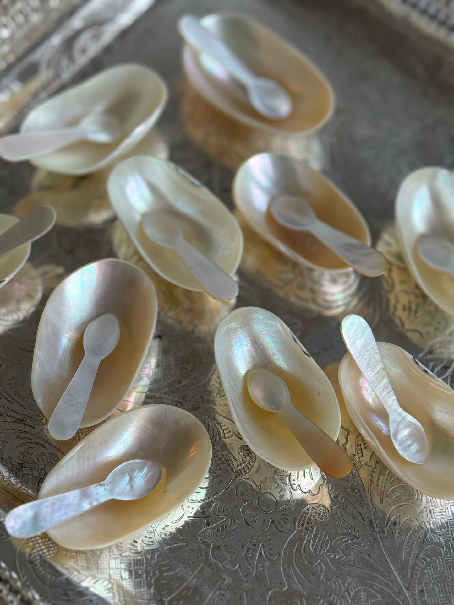 Vintage Mother of Pearl Caviar Serving Dishes – Set of 10 with Mini Spoons