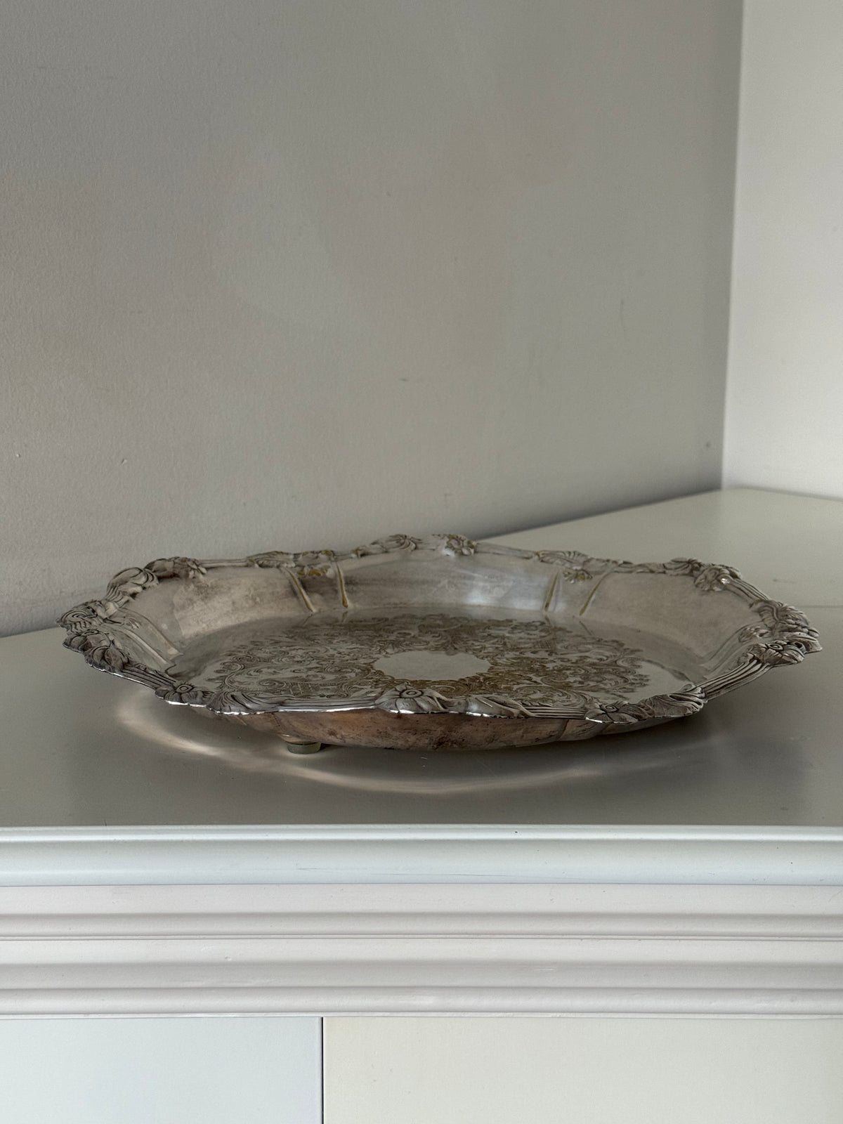 Vintage Ornate Silver Plated Round Serving Tray