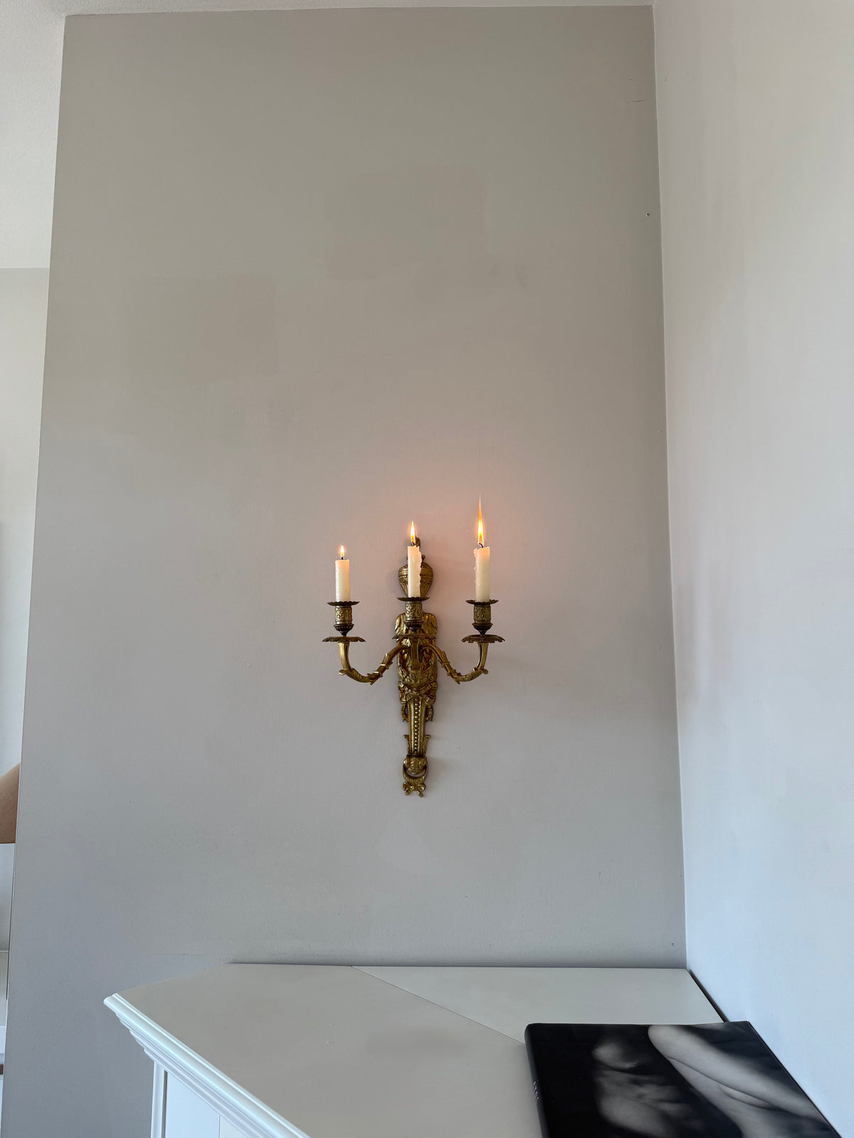 Antique French Solid Brass Three-Arm Wall Sconce, Louis XVI Revival