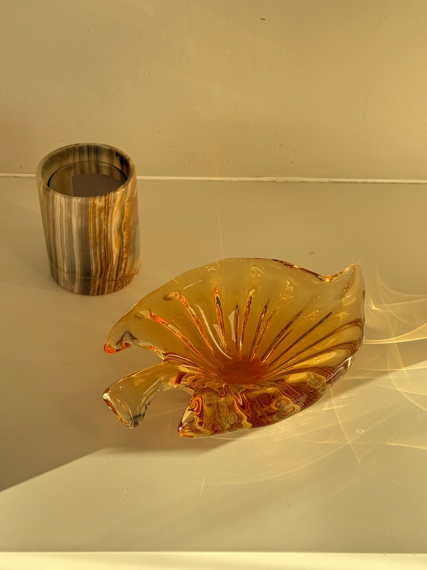 Vintage Amber Art Glass Leaf Bowl