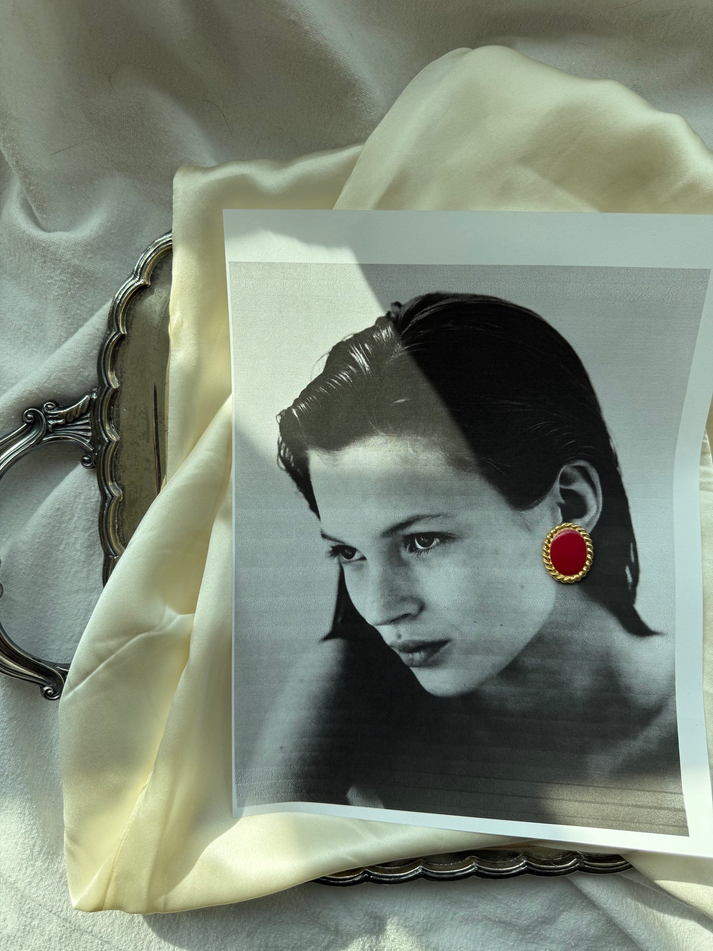 Vintage Gold Tone Oval Earrings with Burgundy Enamel