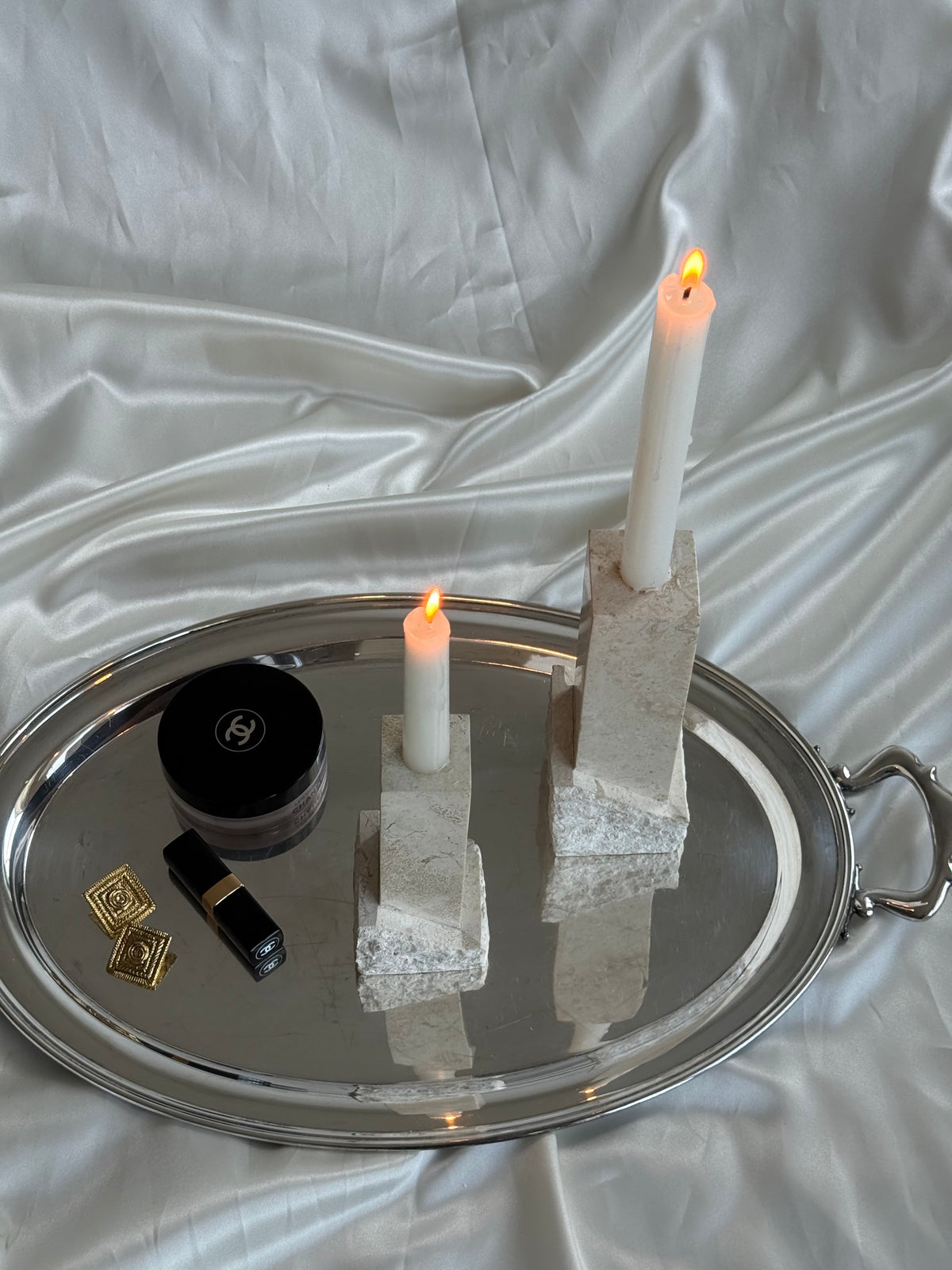 Vintage Renoir Designs Sculptural Travertine Candle Holders – Set of 2