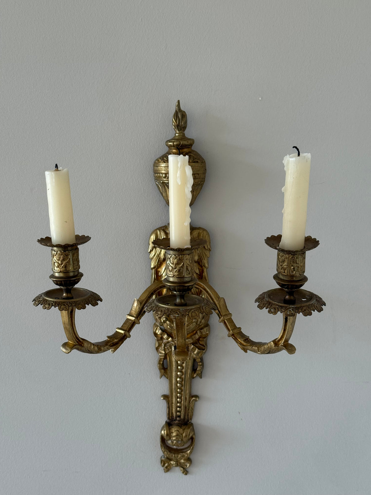 Antique French Solid Brass Three-Arm Wall Sconce, Louis XVI Revival