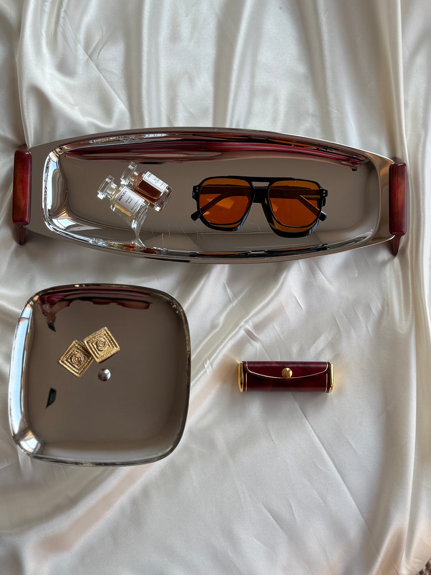 Vintage MCM-Style Chrome Serving Set with Tortoiseshell Accents