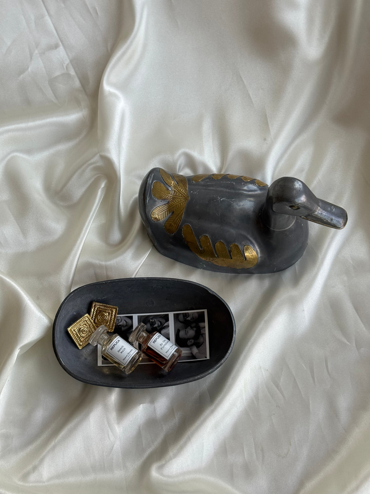 Vintage Pewter and Brass Duck-Shaped Trinket Box