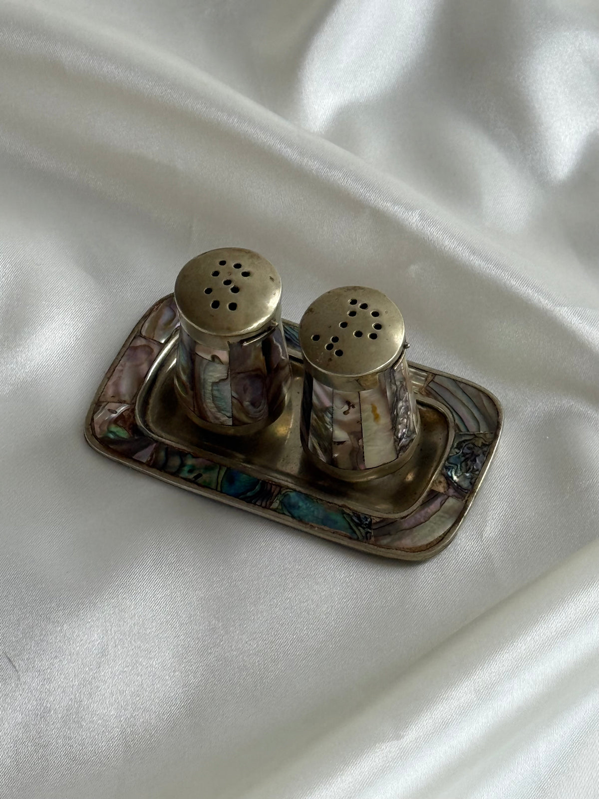 Vintage Abalone Shell Salt & Pepper Shakers with Matching Tray