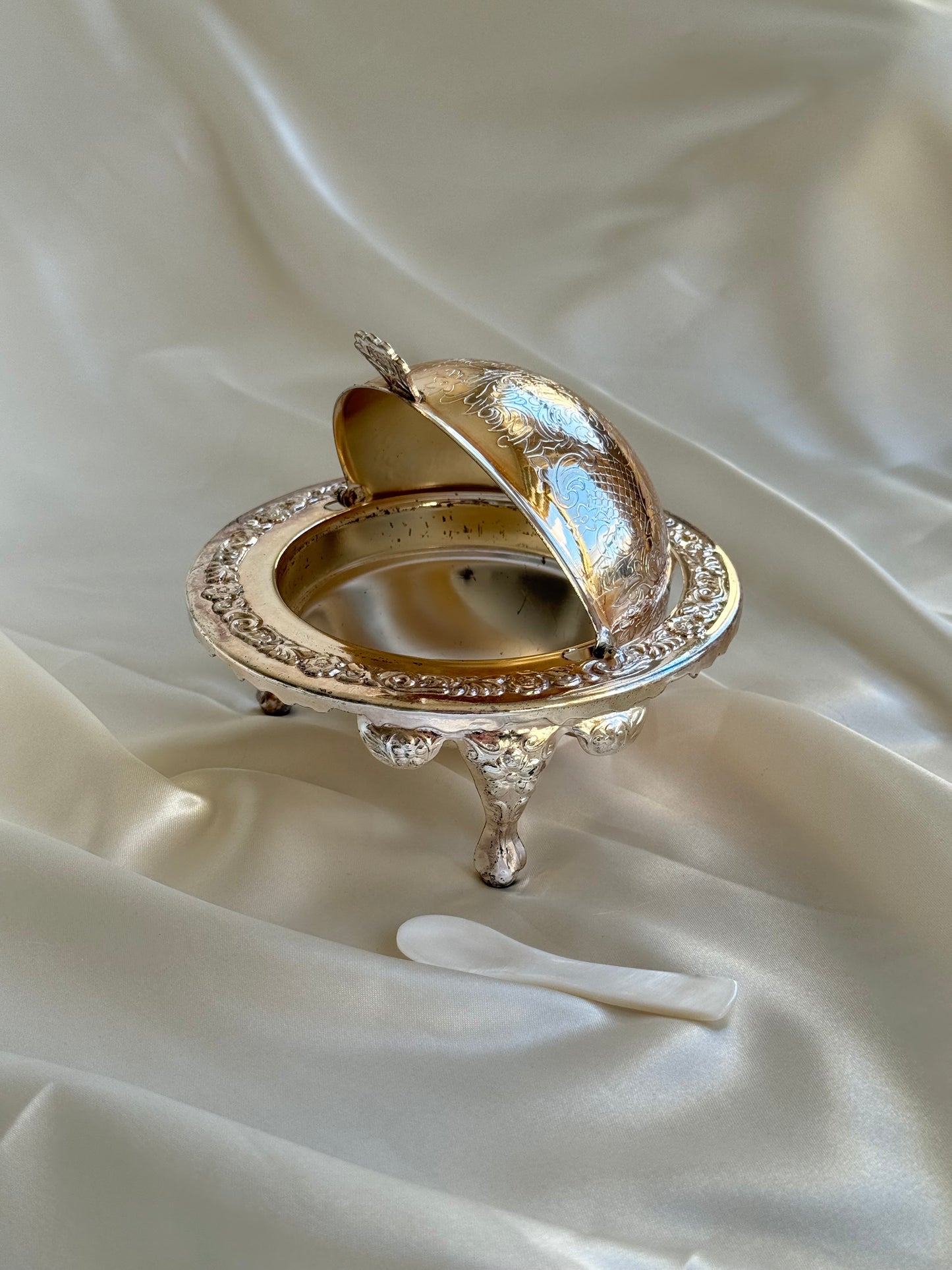 Vintage English Silver-Plated Caviar Server with Mother-of-Pearl Spoon