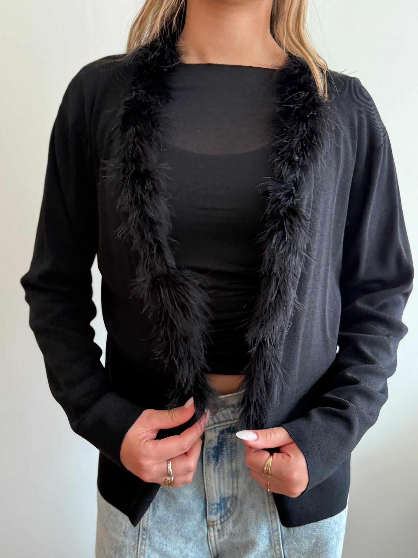 Vintage Black Feather-Trim Knit Cardigan