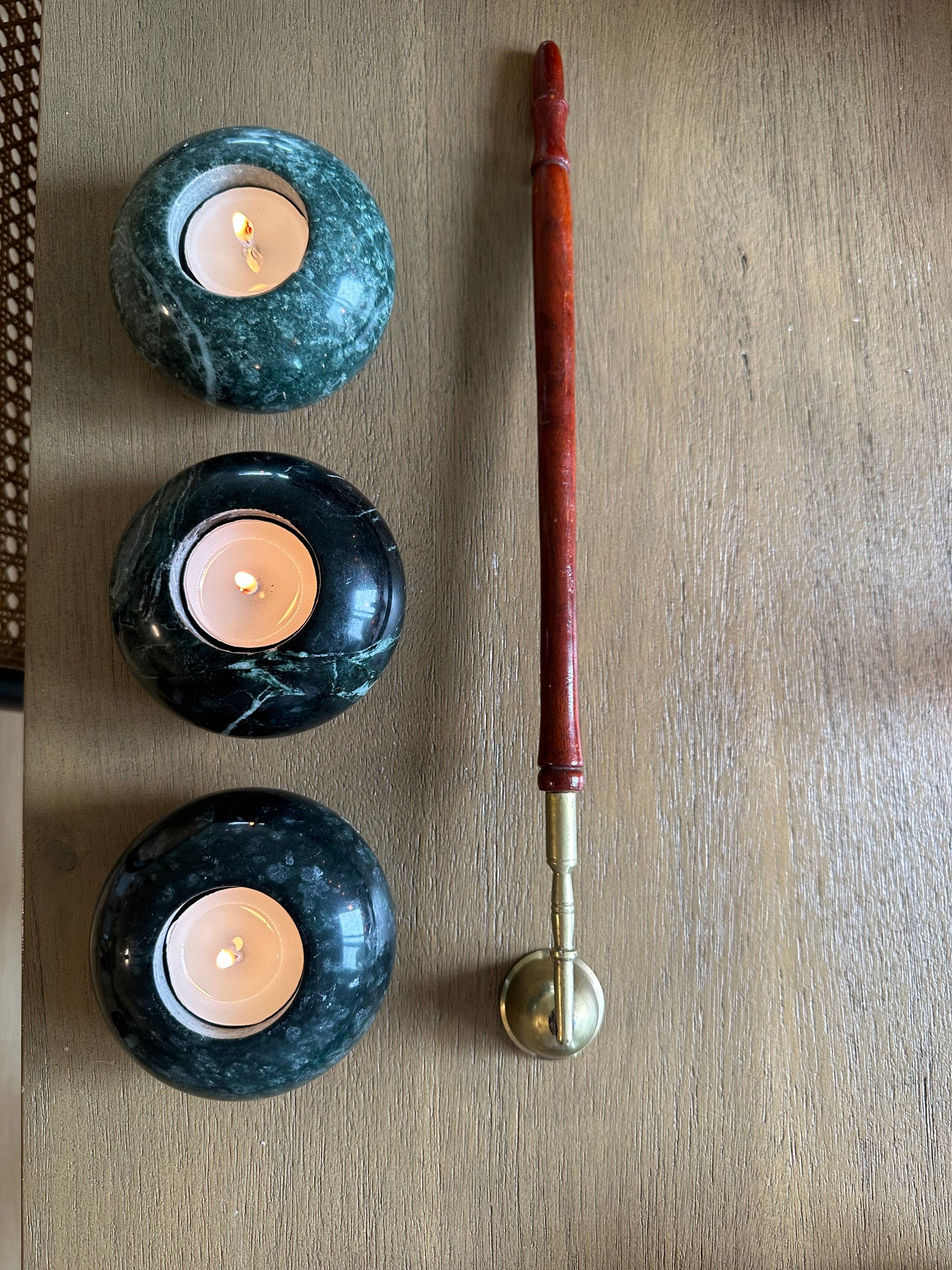 Three green marble tealight holders