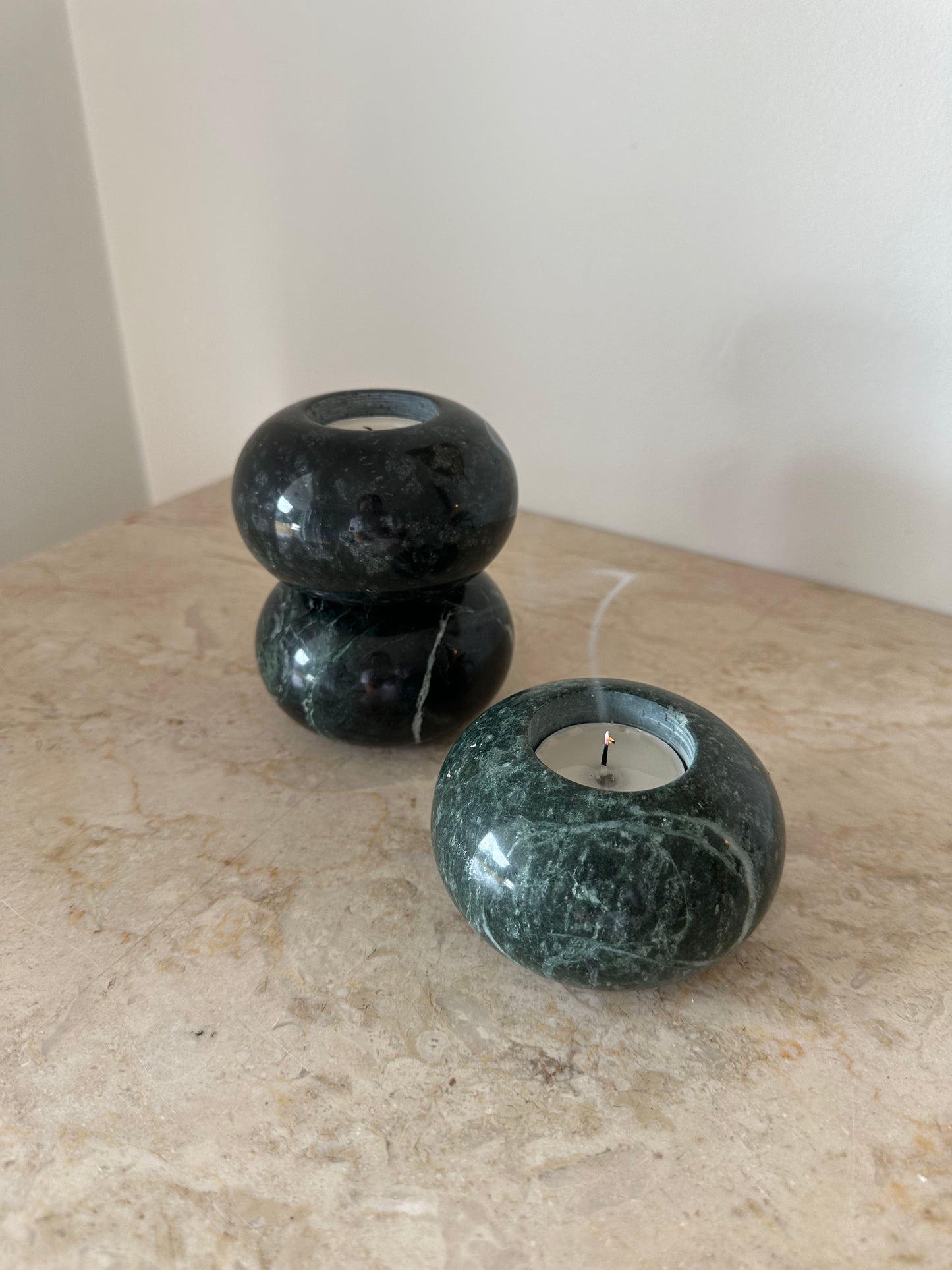 Three green marble tealight holders