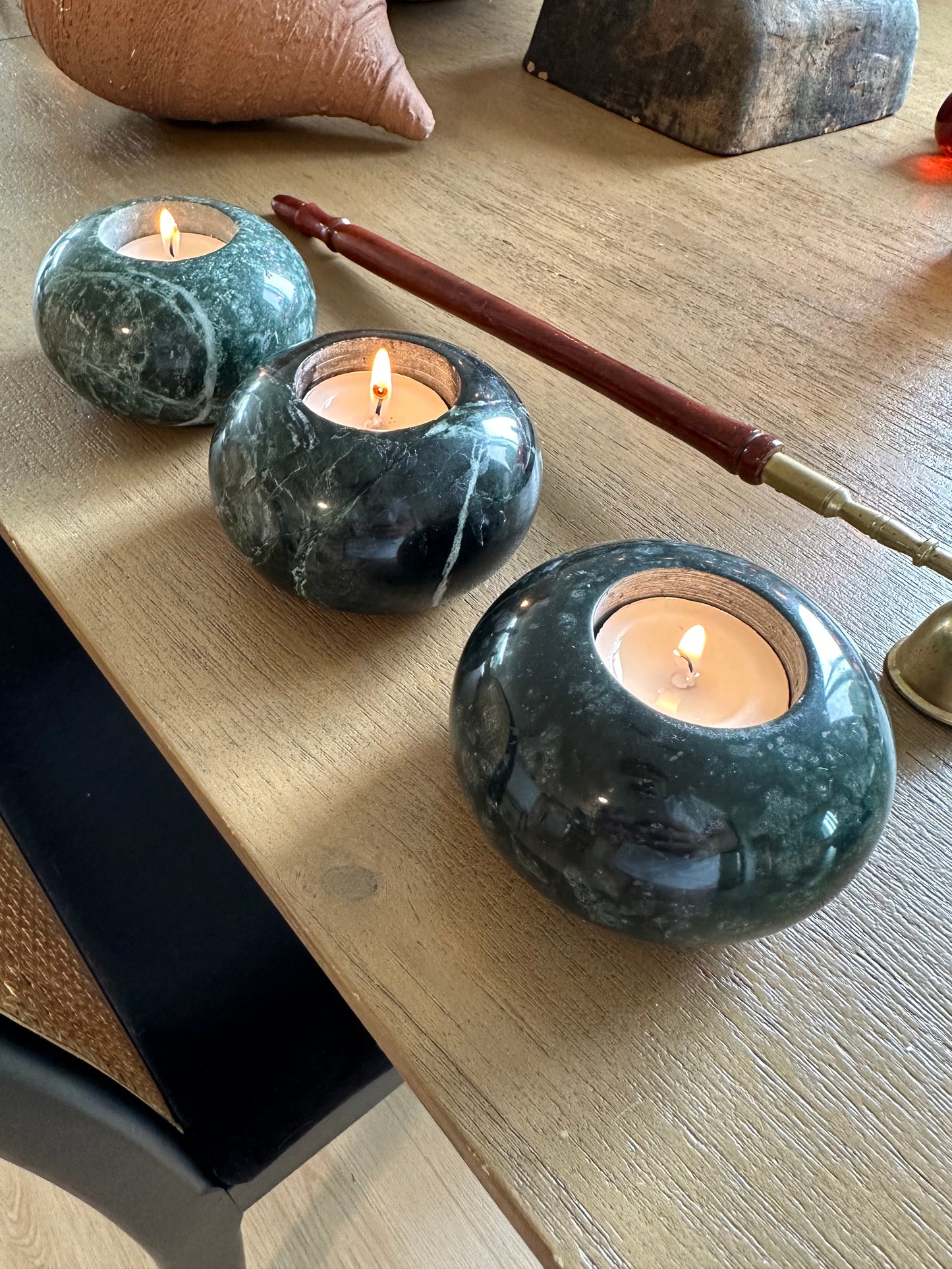 Three green marble tealight holders