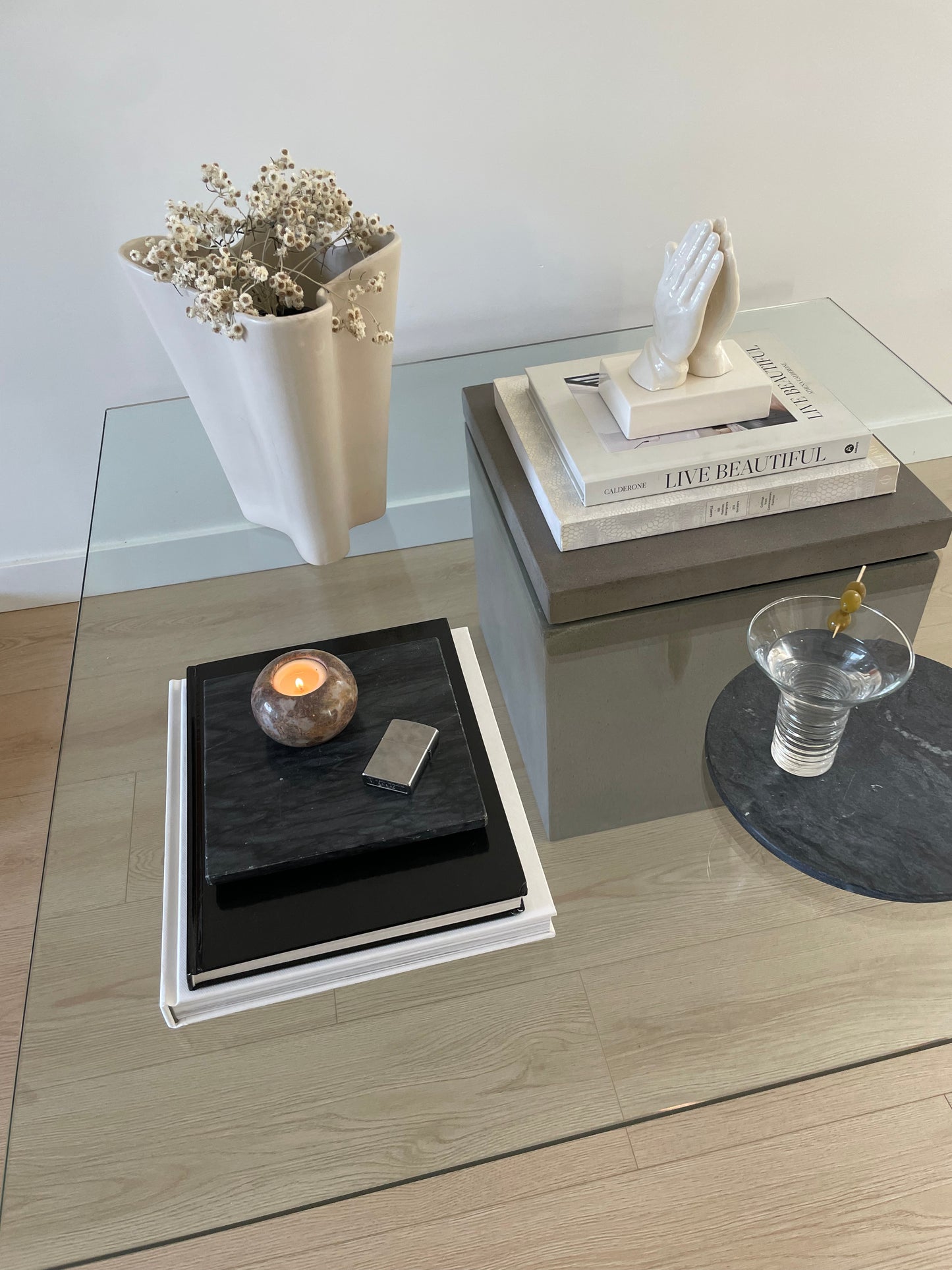 Modern concrete and tempered glass square coffee table