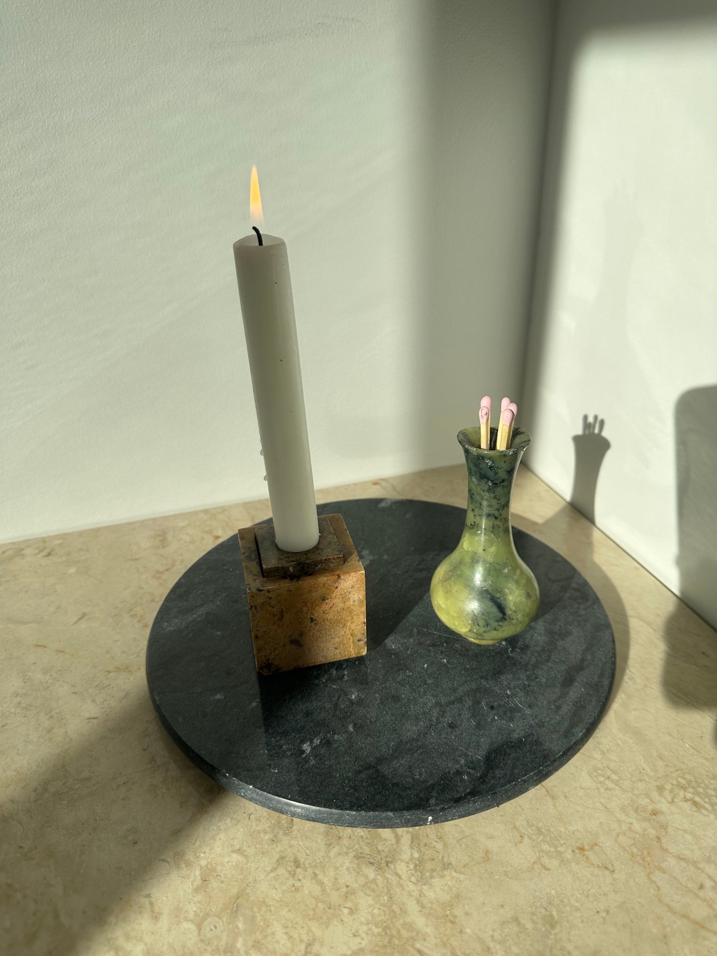 Stone candleholder and matches holder