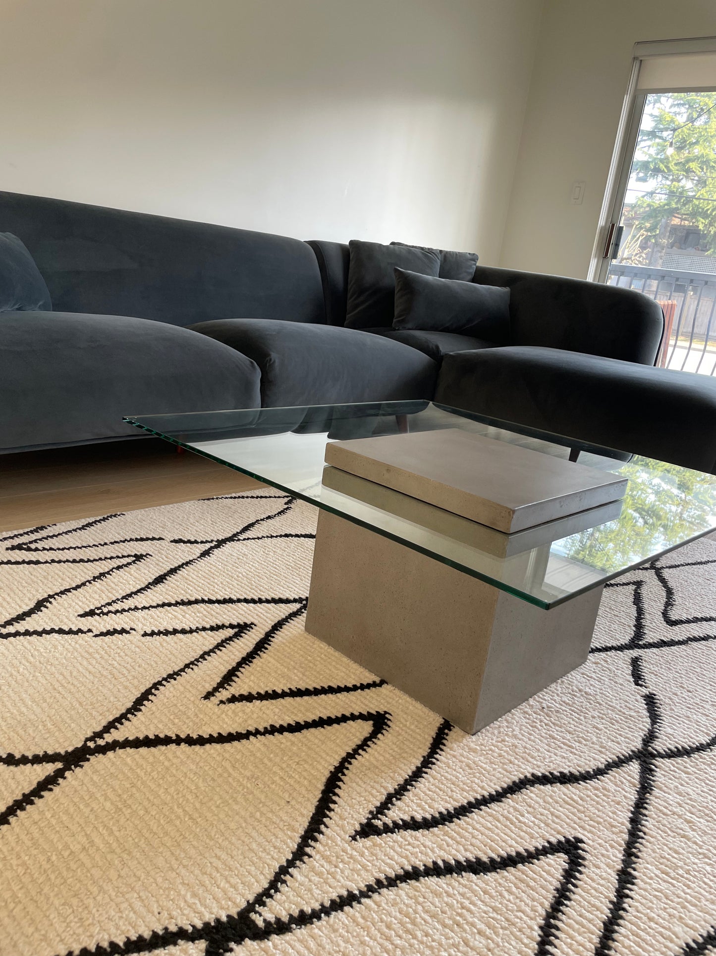 Modern concrete and tempered glass square coffee table