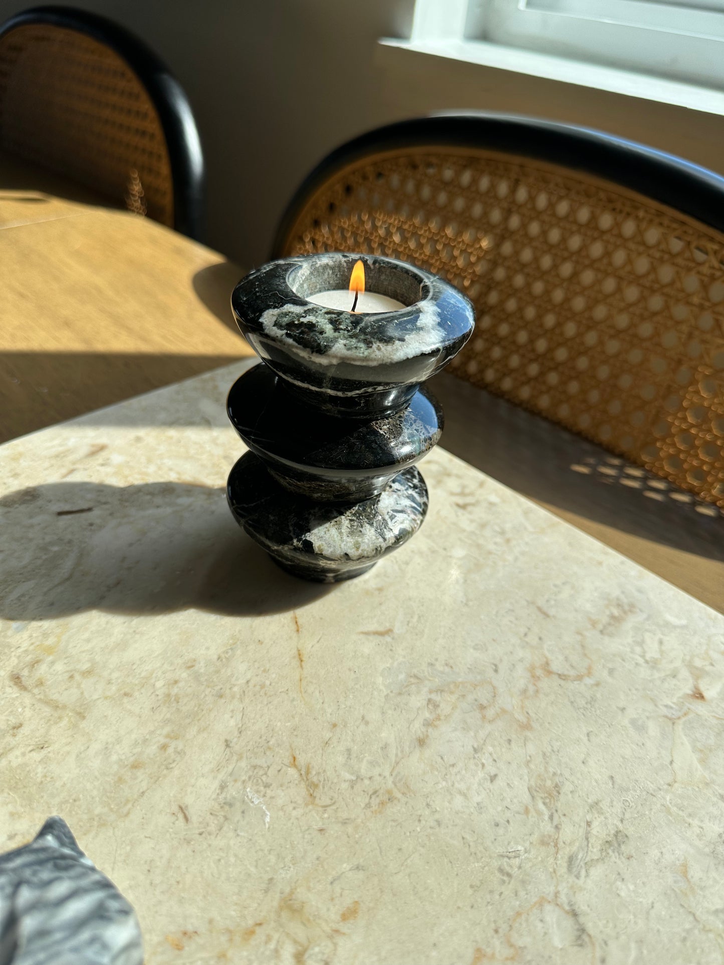 Three black marble tealight holders