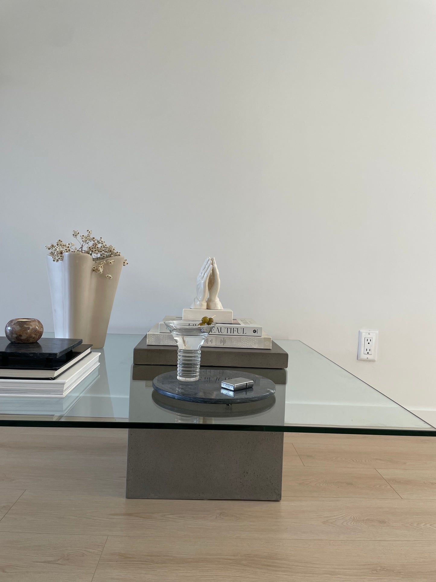 Modern concrete and tempered glass square coffee table