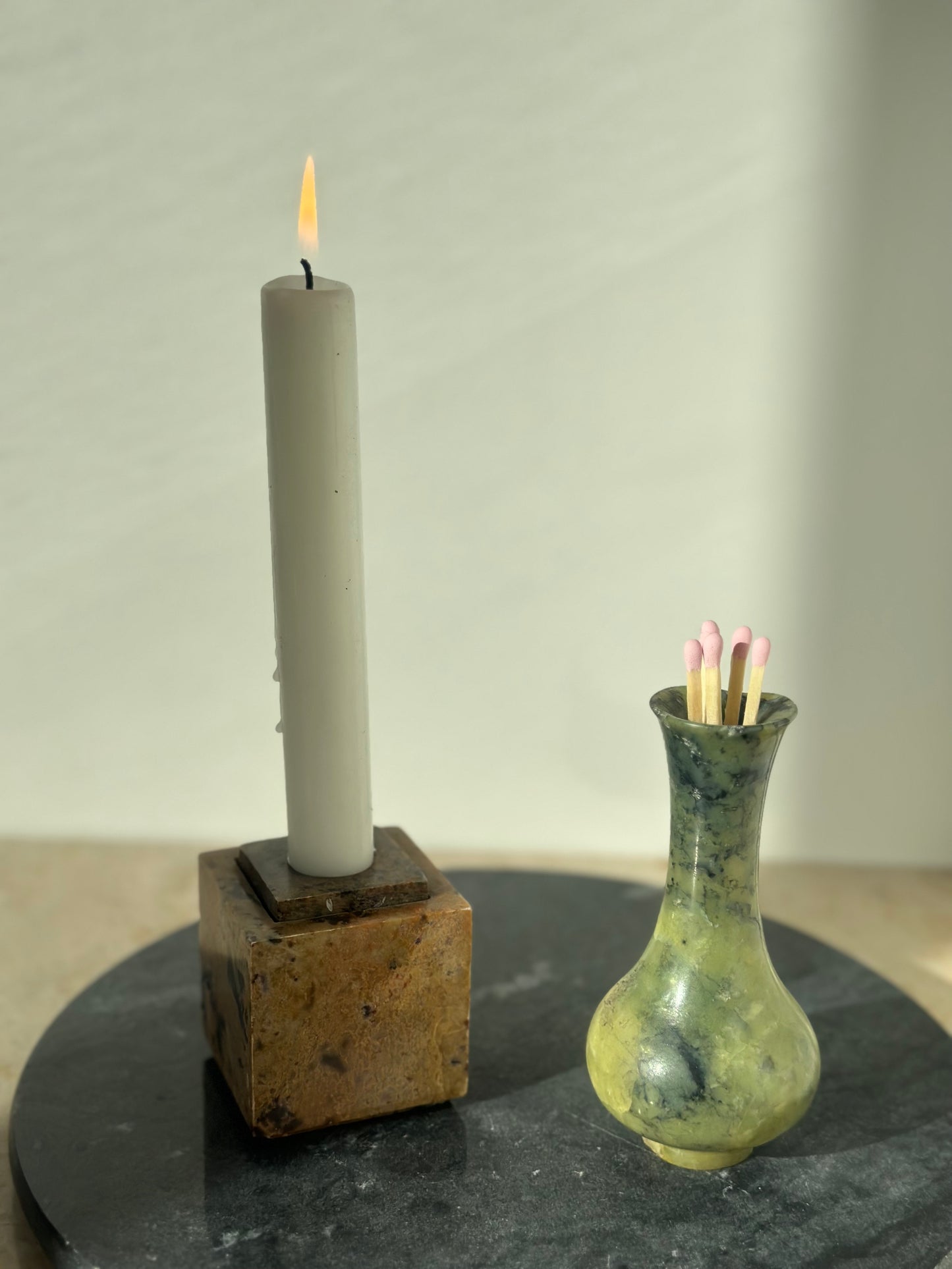 Stone candleholder and matches holder