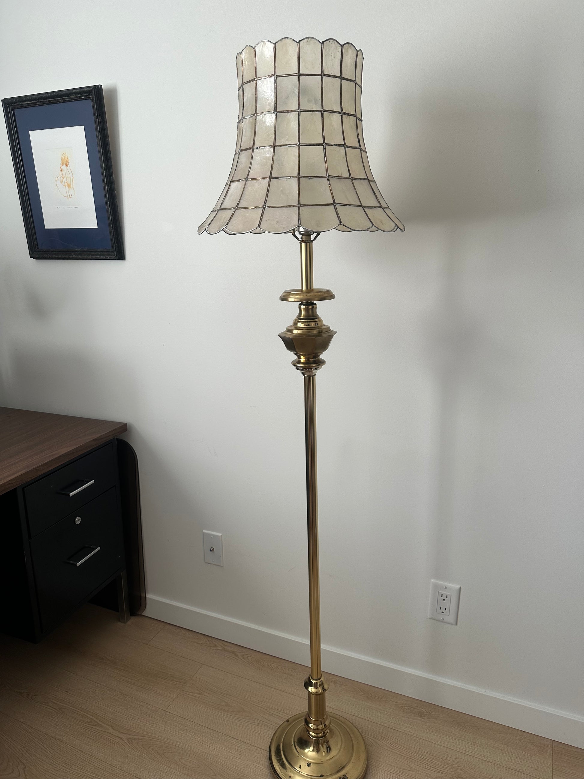Beautiful Vintage Brass Table Lamp with Capiz Shell Shade and earring pull  switches